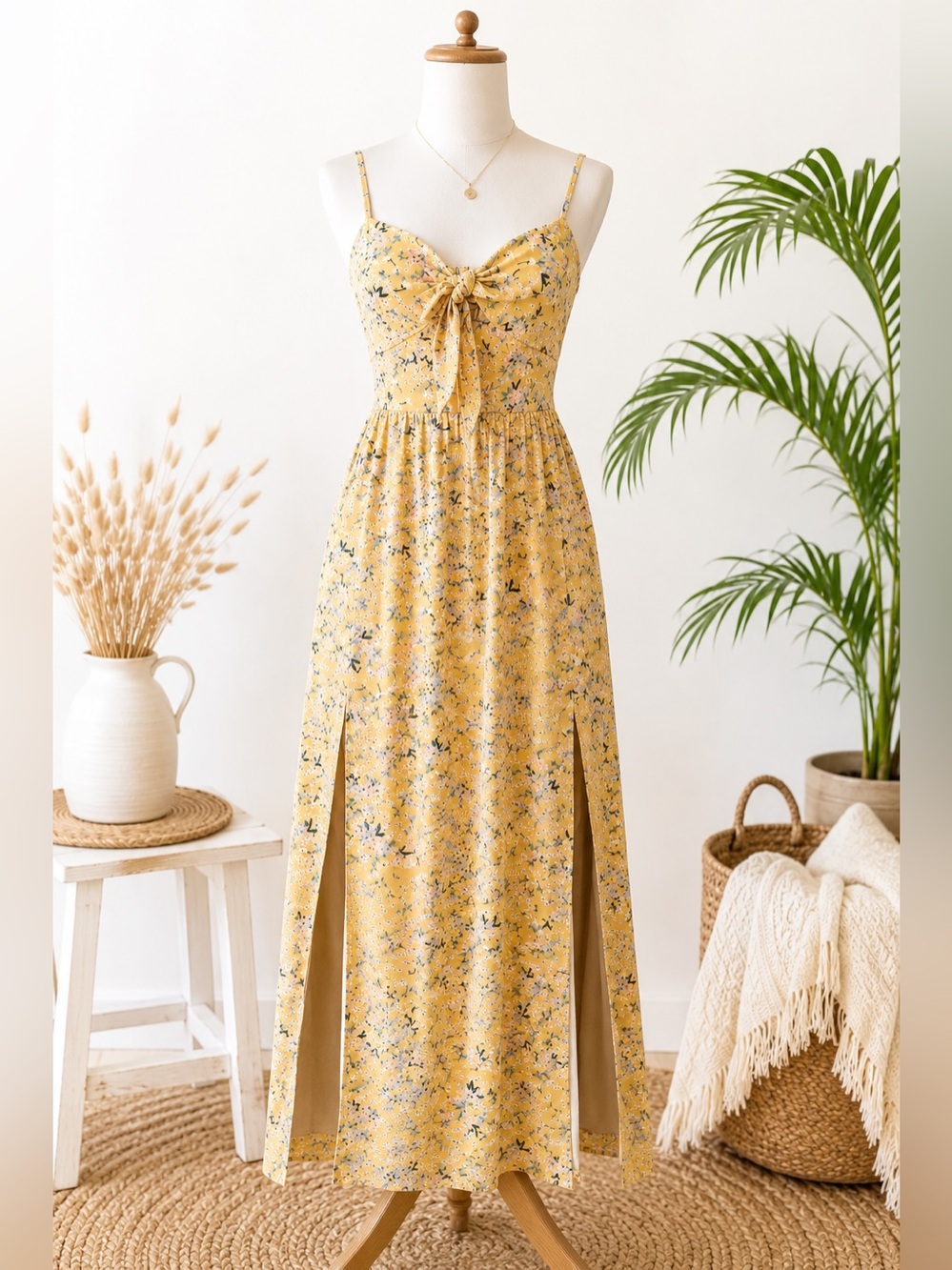 AS U WISH Yellow Floral Tie-Front Maxi Dress Size Large